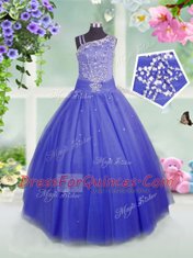 Floor Length Blue Little Girl Pageant Gowns Tulle Sleeveless Beading