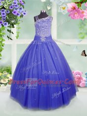 Floor Length Blue Little Girl Pageant Gowns Tulle Sleeveless Beading