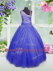 Floor Length Blue Little Girl Pageant Gowns Tulle Sleeveless Beading