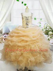 Sophisticated Champagne Zipper Little Girl Pageant Dress Beading and Ruffles and Pick Ups Sleeveless Floor Length