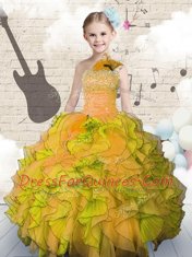 Floor Length Orange Pageant Gowns For Girls Strapless Sleeveless Lace Up