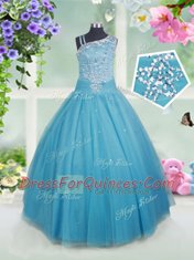 Teal Ball Gowns Tulle Asymmetric Sleeveless Beading Floor Length Side Zipper Little Girl Pageant Gowns