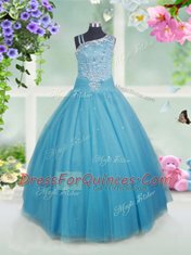 Teal Ball Gowns Tulle Asymmetric Sleeveless Beading Floor Length Side Zipper Little Girl Pageant Gowns