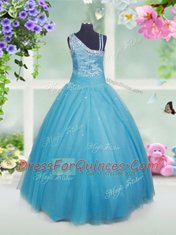 Teal Ball Gowns Tulle Asymmetric Sleeveless Beading Floor Length Side Zipper Little Girl Pageant Gowns