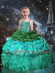 Gorgeous Green Lace Up Little Girls Pageant Dress Beading and Ruffles Sleeveless Floor Length