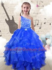 Extravagant Royal Blue Ball Gowns One Shoulder Sleeveless Organza Floor Length Lace Up Beading and Ruffles Flower Girl Dress