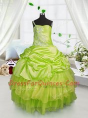Fine One Shoulder Satin and Tulle Sleeveless Floor Length Little Girl Pageant Dress and Beading and Ruffled Layers and Pick Ups
