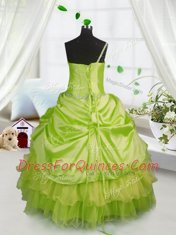 Fine One Shoulder Satin and Tulle Sleeveless Floor Length Little Girl Pageant Dress and Beading and Ruffled Layers and Pick Ups
