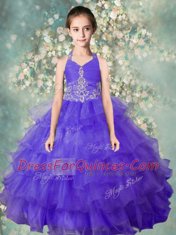 Beauteous Blue Ball Gowns Halter Top Sleeveless Organza Floor Length Zipper Beading and Ruffled Layers Toddler Flower Girl Dress