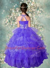 Beauteous Blue Ball Gowns Halter Top Sleeveless Organza Floor Length Zipper Beading and Ruffled Layers Toddler Flower Girl Dress