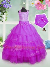 Rose Pink Sleeveless Beading and Ruffled Layers Floor Length Little Girls Pageant Dress Wholesale