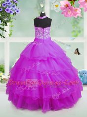 Rose Pink Sleeveless Beading and Ruffled Layers Floor Length Little Girls Pageant Dress Wholesale