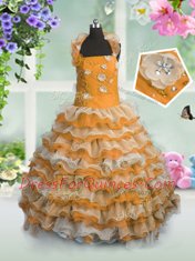Floor Length Lace Up Child Pageant Dress Orange for Party and Wedding Party with Beading and Appliques and Ruffled Layers