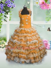 Floor Length Lace Up Child Pageant Dress Orange for Party and Wedding Party with Beading and Appliques and Ruffled Layers