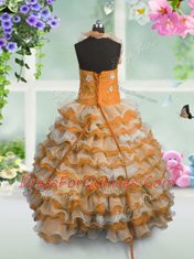 Floor Length Lace Up Child Pageant Dress Orange for Party and Wedding Party with Beading and Appliques and Ruffled Layers