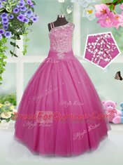 Top Selling Floor Length Rose Pink Kids Formal Wear Tulle Sleeveless Beading