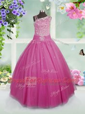 Top Selling Floor Length Rose Pink Kids Formal Wear Tulle Sleeveless Beading