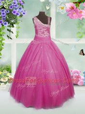 Top Selling Floor Length Rose Pink Kids Formal Wear Tulle Sleeveless Beading