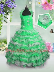 Lace Up Straps Beading and Appliques and Ruffled Layers Little Girls Pageant Dress Organza Sleeveless