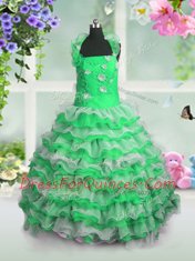 Lace Up Straps Beading and Appliques and Ruffled Layers Little Girls Pageant Dress Organza Sleeveless