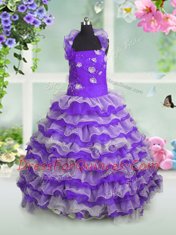 Eye-catching Lavender Ball Gowns Straps Sleeveless Organza Floor Length Lace Up Beading and Appliques and Ruffled Layers Little Girl Pageant Dress