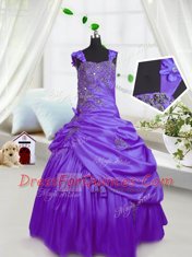 Modern Sleeveless Satin Floor Length Lace Up Kids Formal Wear in Purple with Beading and Pick Ups