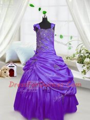 Modern Sleeveless Satin Floor Length Lace Up Kids Formal Wear in Purple with Beading and Pick Ups