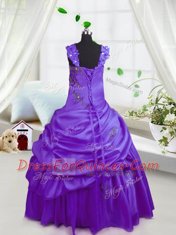 Modern Sleeveless Satin Floor Length Lace Up Kids Formal Wear in Purple with Beading and Pick Ups