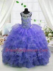 Cheap Lavender Organza Lace Up Scoop Sleeveless Floor Length Little Girls Pageant Gowns Beading and Ruffled Layers