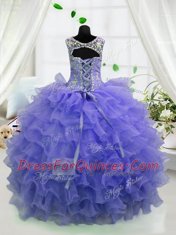 Cheap Lavender Organza Lace Up Scoop Sleeveless Floor Length Little Girls Pageant Gowns Beading and Ruffled Layers