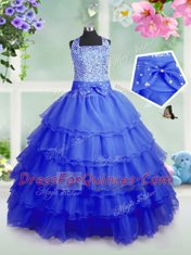 Traditional Sleeveless Floor Length Beading and Ruffled Layers Zipper Flower Girl Dress with Royal Blue