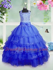 Traditional Sleeveless Floor Length Beading and Ruffled Layers Zipper Flower Girl Dress with Royal Blue