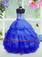 Traditional Sleeveless Floor Length Beading and Ruffled Layers Zipper Flower Girl Dress with Royal Blue