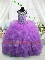 Elegant Ruffled Floor Length Lavender Flower Girl Dresses Scoop Sleeveless Lace Up