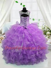 Elegant Ruffled Floor Length Lavender Flower Girl Dresses Scoop Sleeveless Lace Up