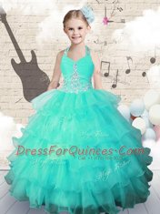 Halter Top Turquoise Organza Lace Up Child Pageant Dress Sleeveless Floor Length Beading and Ruffled Layers