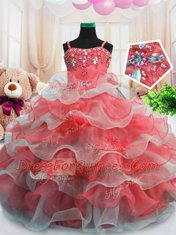 Floor Length Red Flower Girl Dress Organza Sleeveless Beading and Ruffled Layers