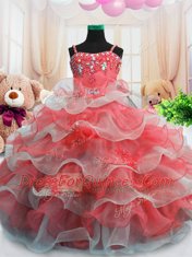 Floor Length Red Flower Girl Dress Organza Sleeveless Beading and Ruffled Layers