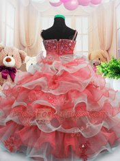 Floor Length Red Flower Girl Dress Organza Sleeveless Beading and Ruffled Layers