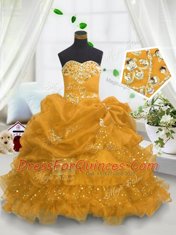 Classical Beading and Ruffled Layers and Pick Ups Flower Girl Dresses Gold Lace Up Sleeveless Floor Length