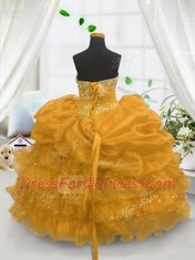Classical Beading and Ruffled Layers and Pick Ups Flower Girl Dresses Gold Lace Up Sleeveless Floor Length