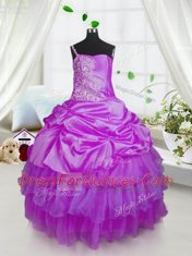 Beauteous Lavender One Shoulder Neckline Beading and Ruffled Layers and Pick Ups Flower Girl Dress Sleeveless Lace Up