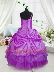 Beauteous Lavender One Shoulder Neckline Beading and Ruffled Layers and Pick Ups Flower Girl Dress Sleeveless Lace Up
