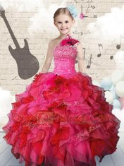 Hot Pink One Shoulder Lace Up Beading and Ruffles Flower Girl Dress Sleeveless