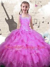 Halter Top Sleeveless Lace Up Floor Length Beading and Ruffles Little Girls Pageant Dress