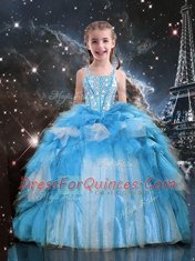 Floor Length Lace Up Pageant Gowns For Girls Baby Blue for Party and Wedding Party with Beading and Ruffles