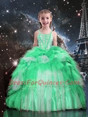 Dazzling Sleeveless Floor Length Beading and Ruffles Lace Up Little Girls Pageant Dress with Apple Green