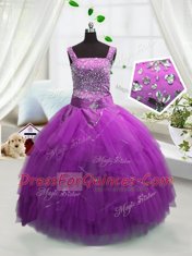 Luxury Fuchsia Straps Neckline Beading and Ruffles Child Pageant Dress Sleeveless Lace Up