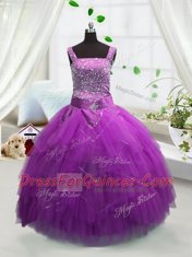 Luxury Fuchsia Straps Neckline Beading and Ruffles Child Pageant Dress Sleeveless Lace Up