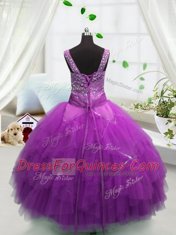Luxury Fuchsia Straps Neckline Beading and Ruffles Child Pageant Dress Sleeveless Lace Up